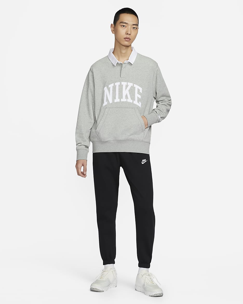 เสื้อโปโลฟลีซแขนยาวผู้ชาย Nike Club Fleece - Dark Grey Heather/ขาว