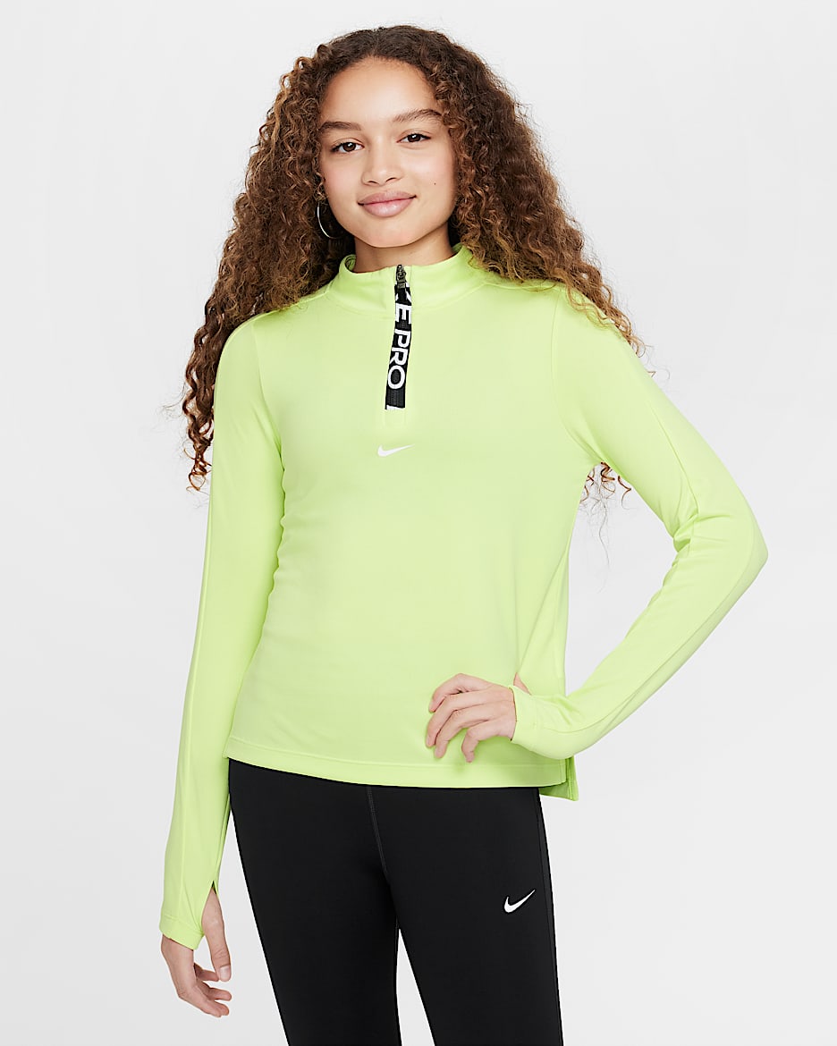 Camisola de manga comprida com fecho até meio Dri-FIT Nike Pro para rapariga - Light Lemon Twist/Branco