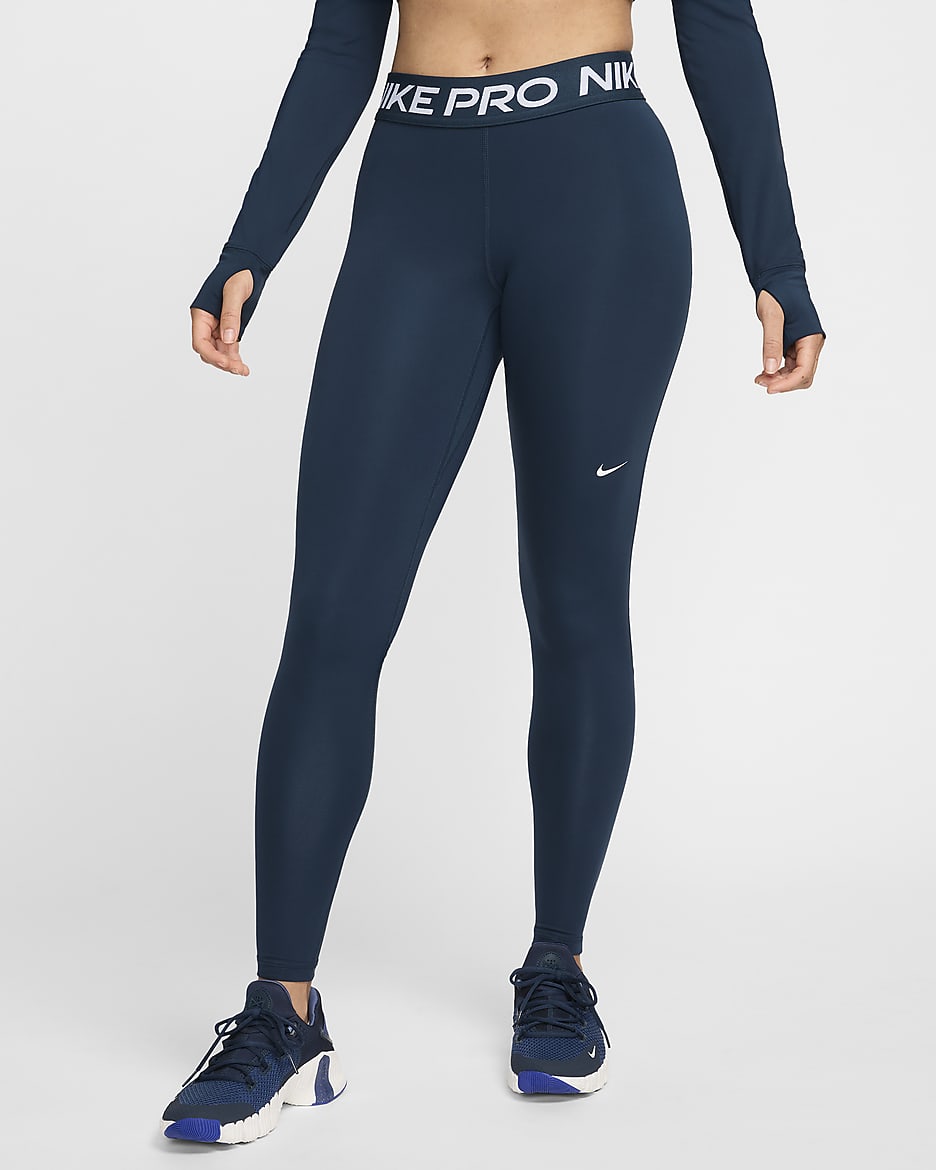 Nike Pro Legging met halfhoge taille en mesh vlakken voor dames - Armory Navy/Zwart/Wit