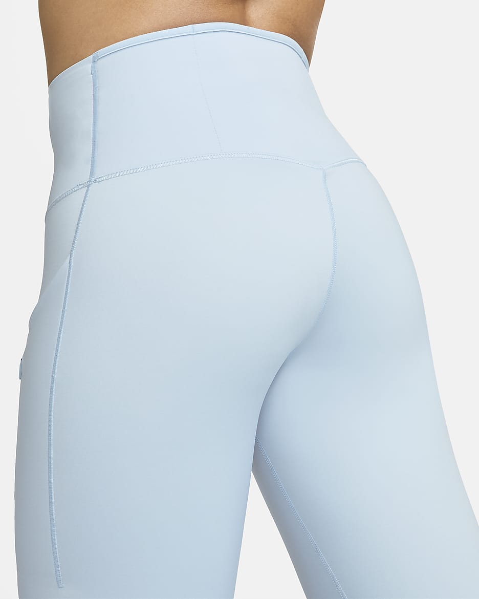 Nike Go erős tartást adó, középmagas derekú, teljes hosszúságú női leggings zsebekkel - Light Armory Blue/Fekete