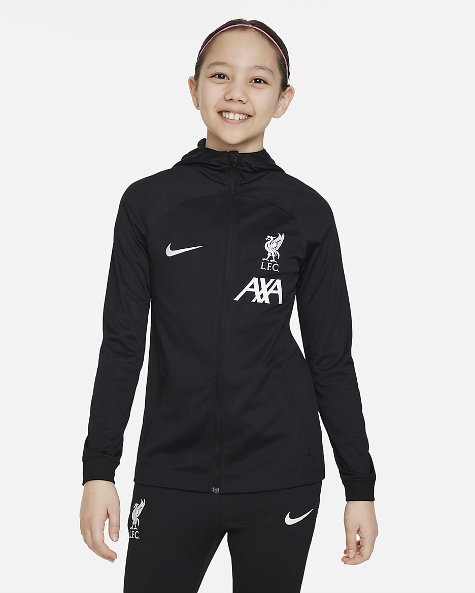 Liverpool F.C. Strike Older Kids' Nike Dri-FIT Hooded Football Tracksuit - Black/Black/White/White