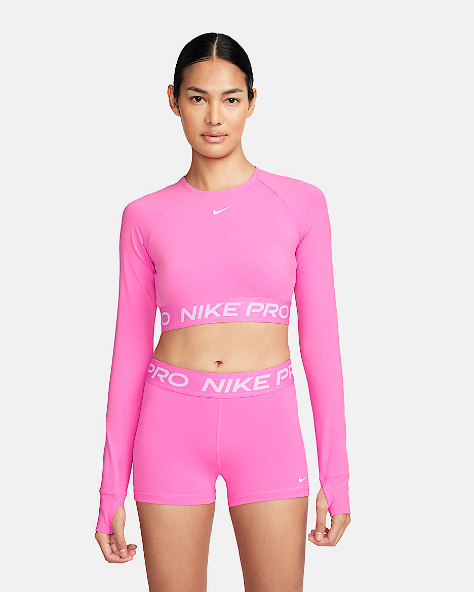 Haut court à manches longues Dri-FIT Nike Pro pour femme - Playful Pink/Blanc