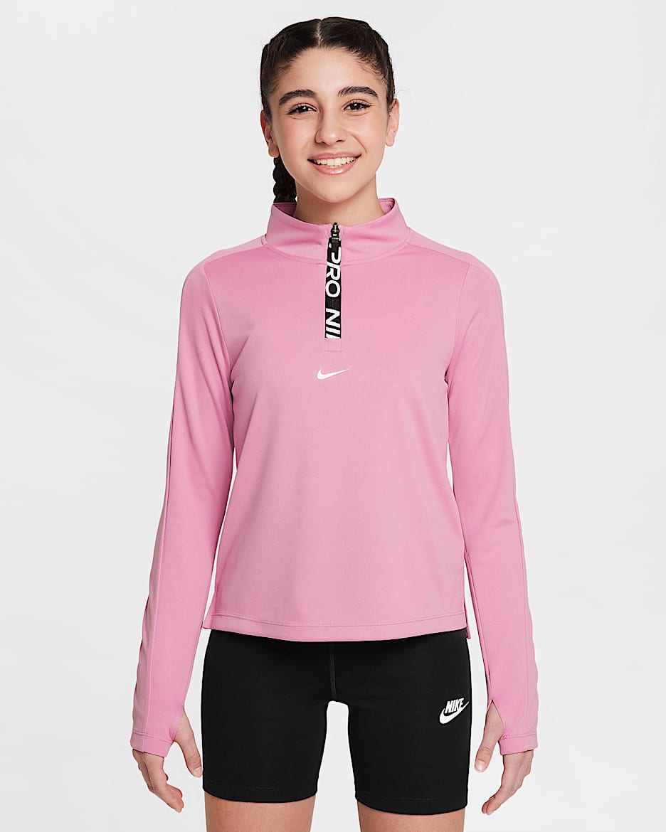 Nike Pro Dri-FIT langermet overdel med halv glidelås til jente - Magic Flamingo/Hvit