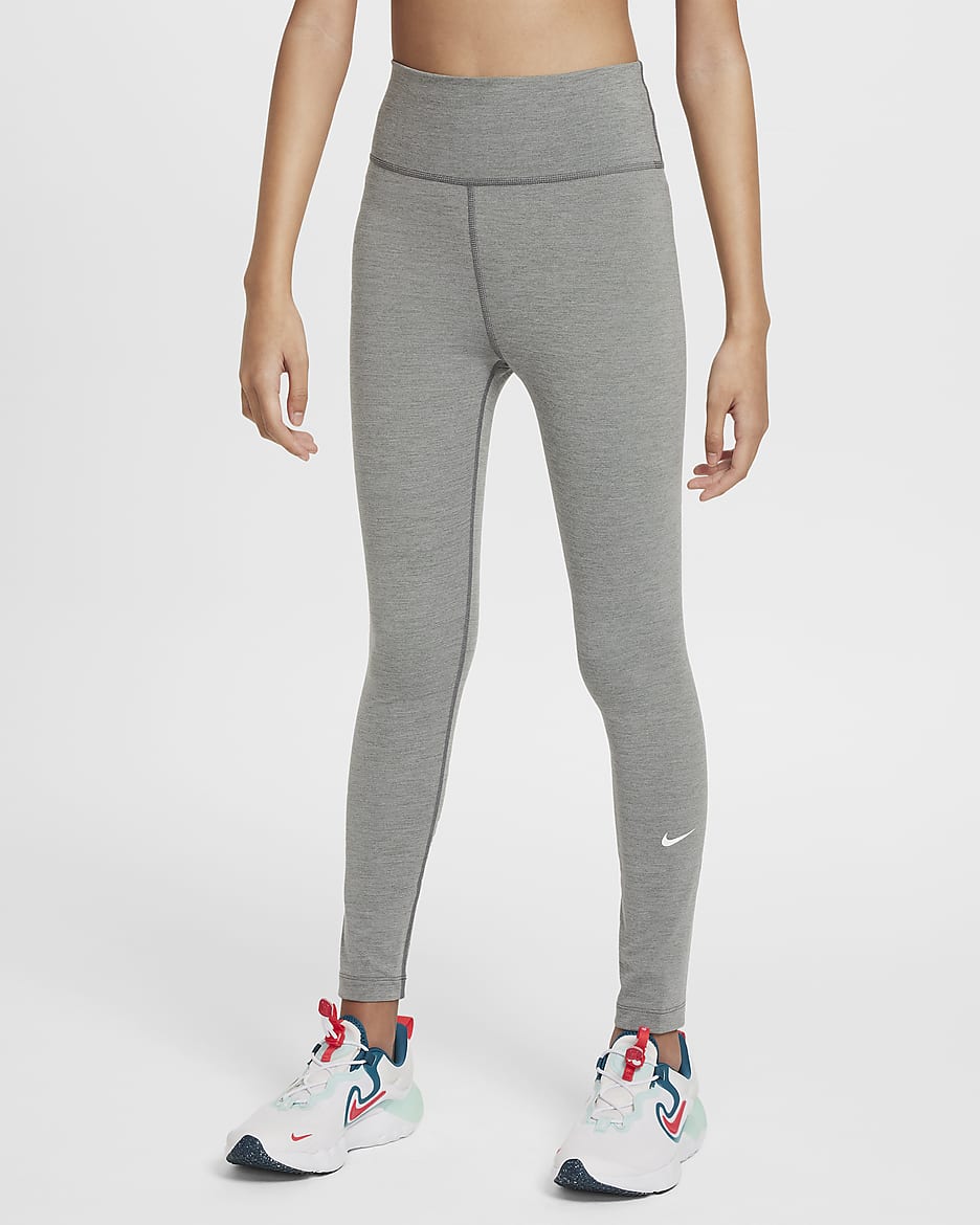 Nike One Big Kids’ (Girls') Dri-FIT High-Waisted Leggings - Smoke Grey/Light Smoke Grey/Heather/White