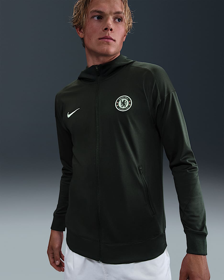 Stickad fotbollsträningsjacka Chelsea FC Strike Nike Dri-FIT med huva för män - Outdoor Green/Phantom