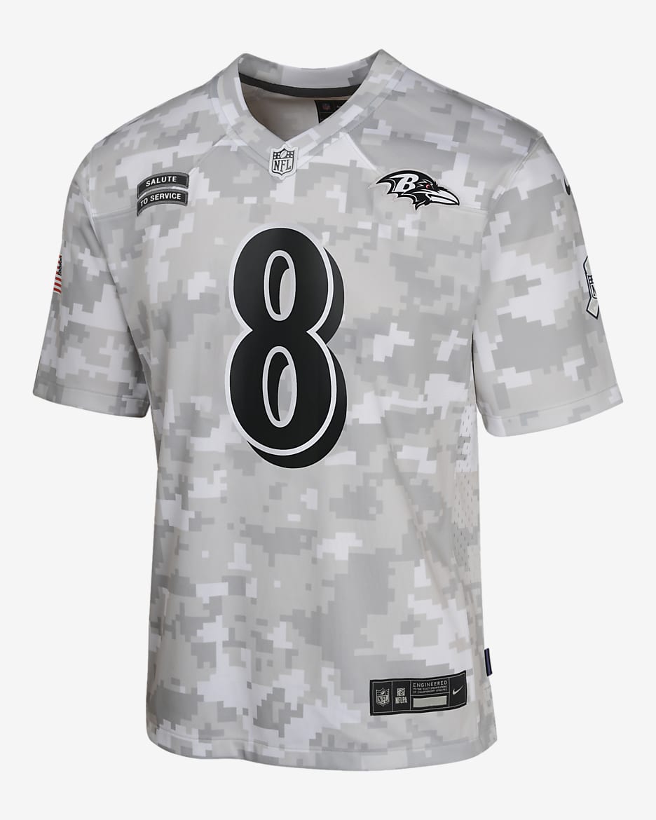 Jersey Nike Dri-FIT de la NFL Limited para niños talla grande Lamar Jackson Baltimore Ravens Salute to Service - Blanco