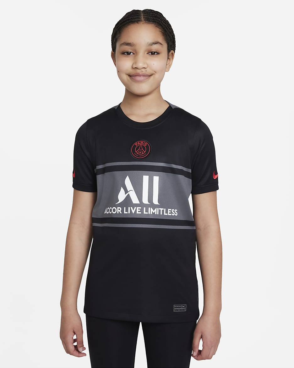 Jersey de fútbol Dri-FIT Nike del Paris Saint-Germain alternativo 2021/22 Stadium para niños talla grande - Negro/Gris oscuro/Blanco/Rojo sirena