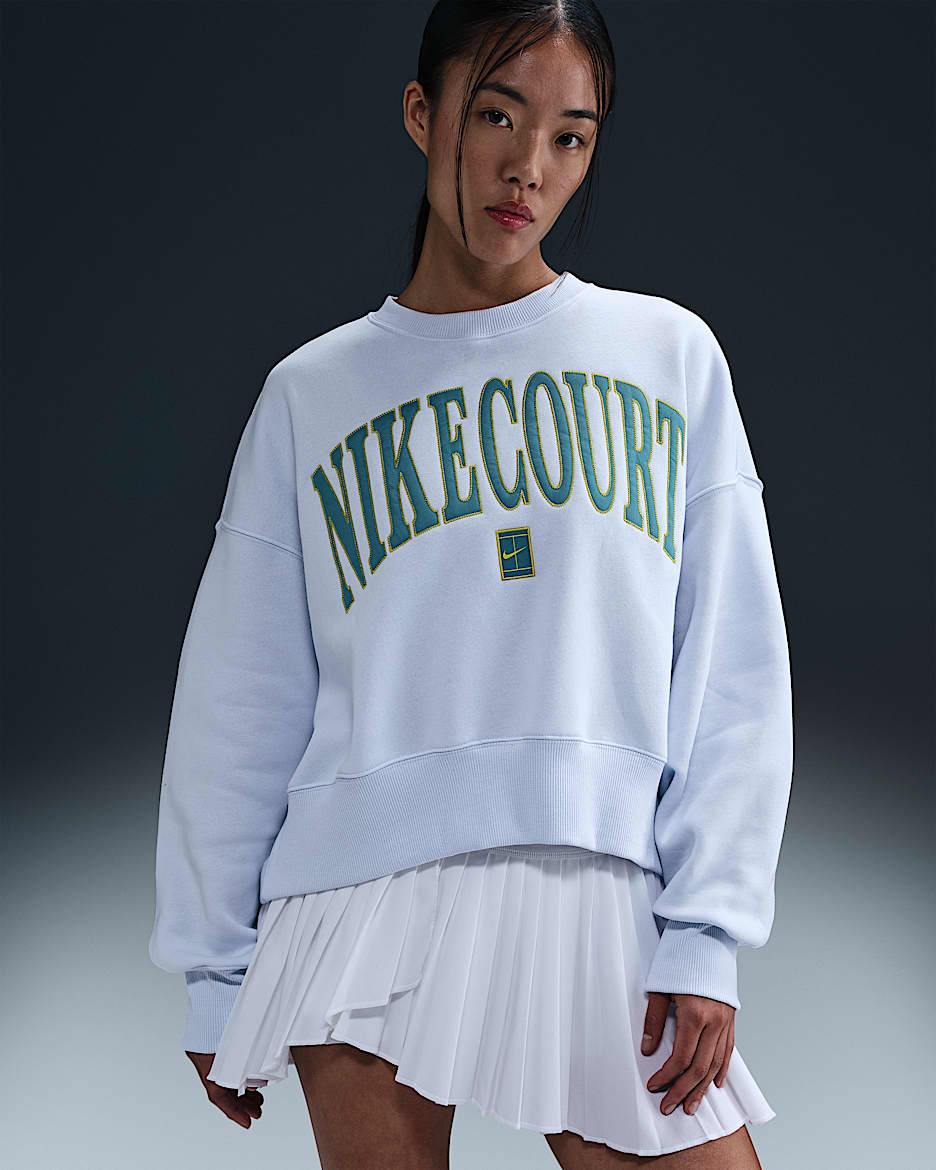 NikeCourt Phoenix Fleece 女款超寬版圓領網球運動衫 - Football Grey/Football Grey/High Voltage/Mineral Teal