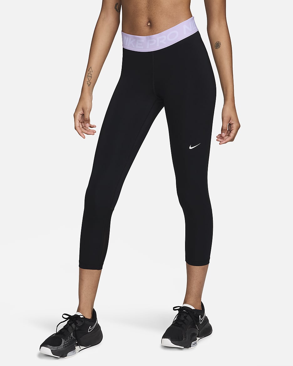 Nike Pro Women's Mid-Rise Crop Mesh-Panel Leggings - Black/Lilac Bloom/White