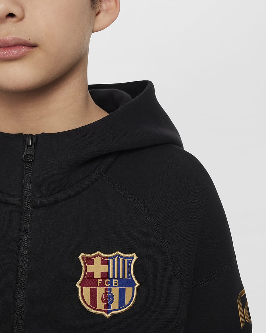 Piłkarska bluza z kapturem i zamkiem na całej długości dla dużych dzieci (chłopców) FC Barcelona Tech Fleece - Czerń/Club Gold