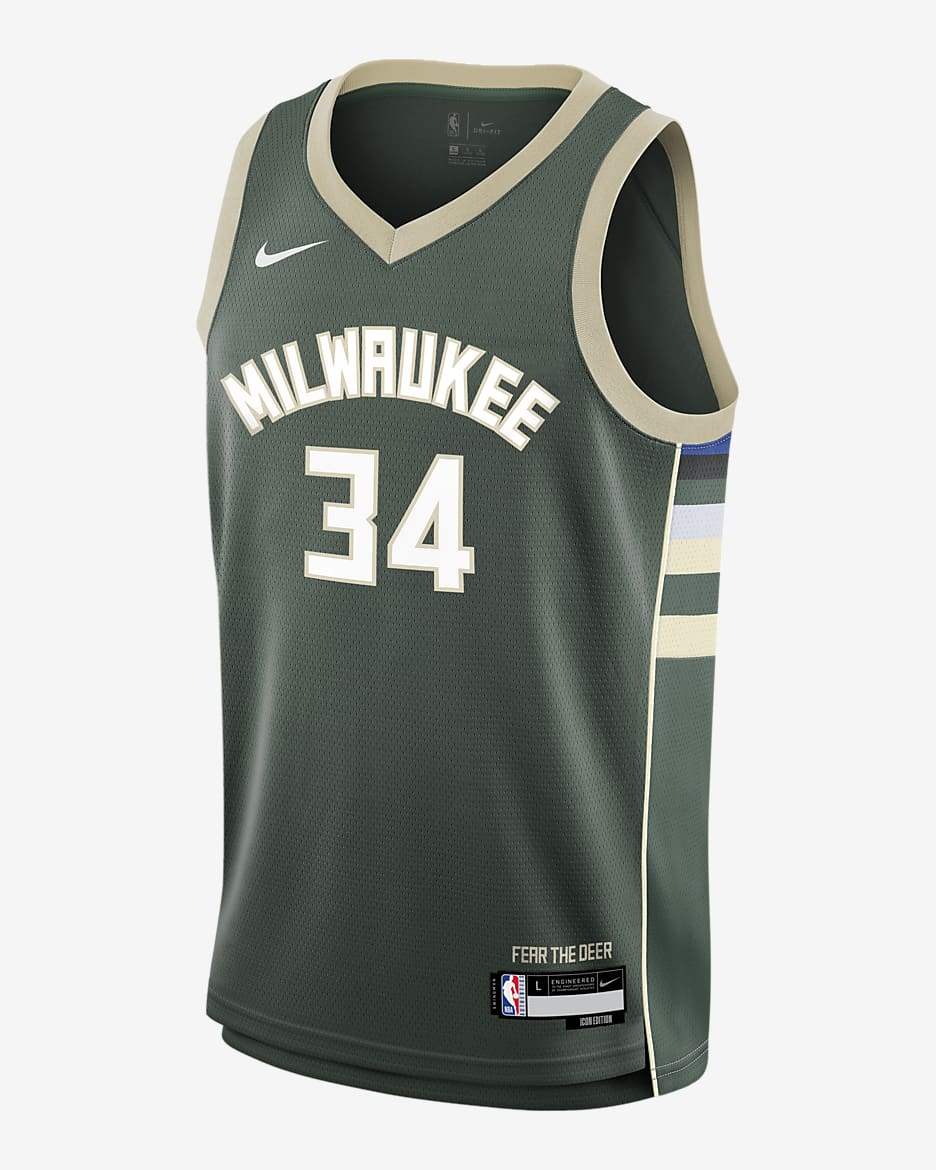 Giannis Antetokounmpo Milwaukee Bucks 2023/24 Icon Edition Big Kids' Nike NBA Swingman Jersey - Fir