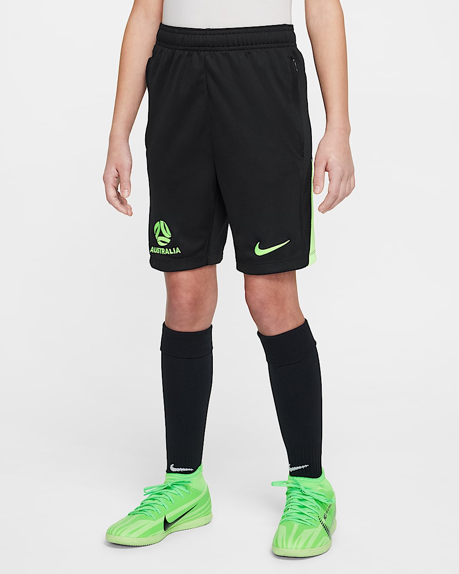Fotbalové úpletové kraťasy Nike Dri-FIT Austrálie Academy Pro pro větší děti - Černá/Lime Blast/Lime Blast