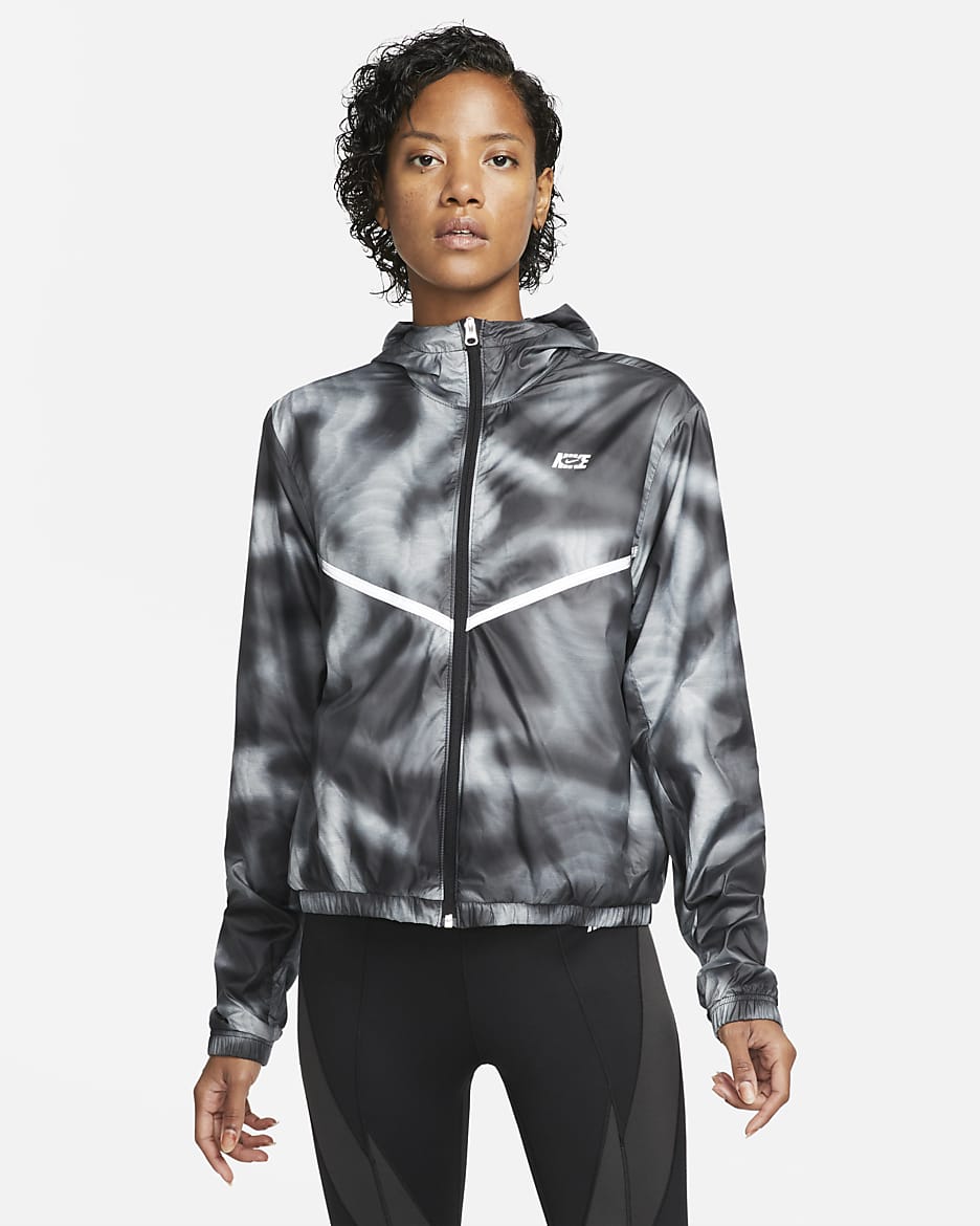 Nike Repel Icon Clash Women's Woven Printed Running Jacket - Black/Black/White