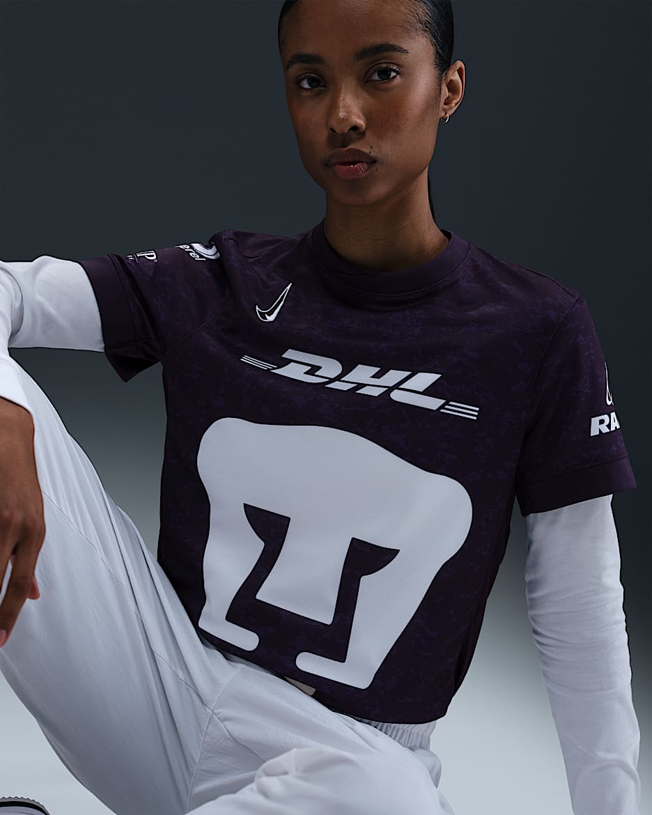 Jersey de fútbol Nike Dri-FIT Replica de los Pumas UNAM alternativo 2024/25 Stadium para mujer - Morado dinastía/Blanco/Blanco