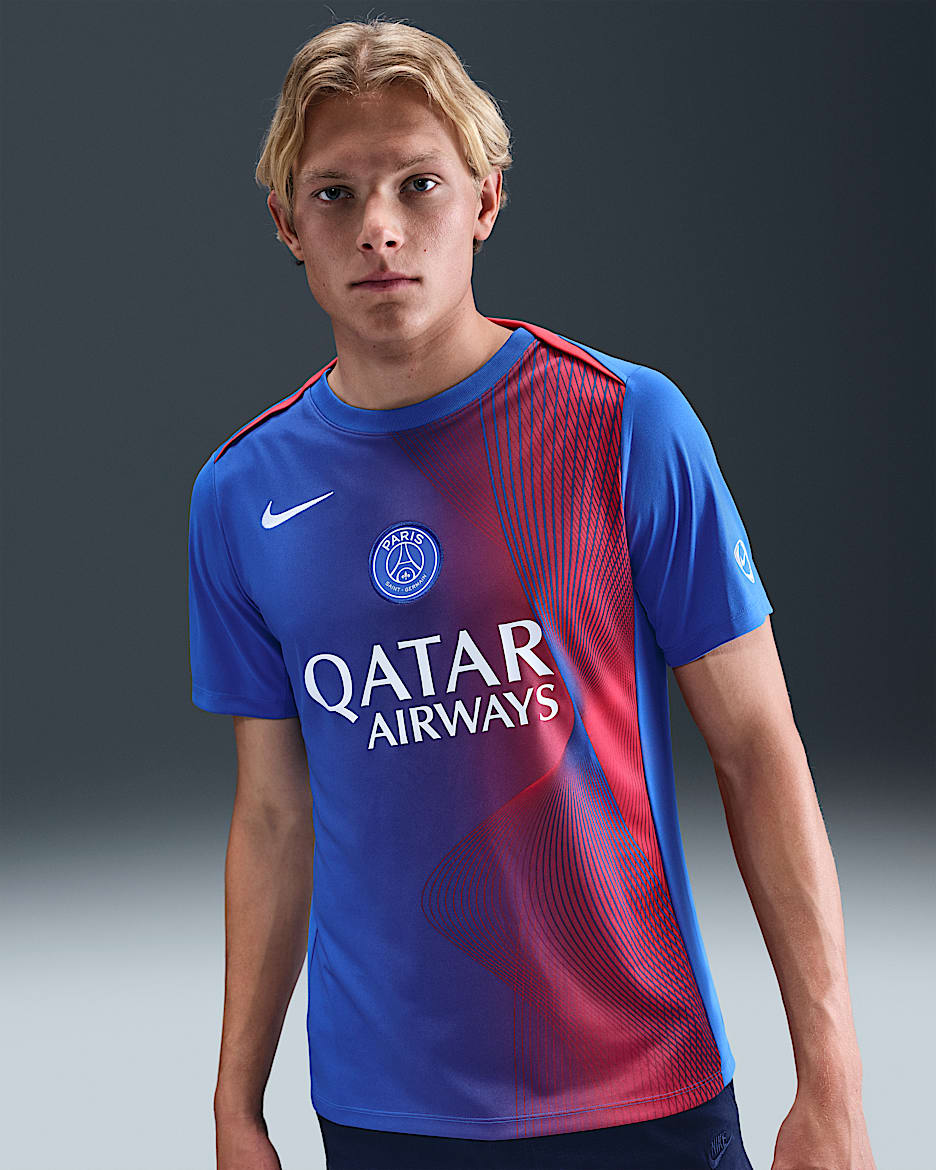 Playera de fútbol de manga corta Nike Dri-FIT para hombre Paris Saint-Germain Academy Pro Third - Hiperroyal/Rojo mundial/Blanco