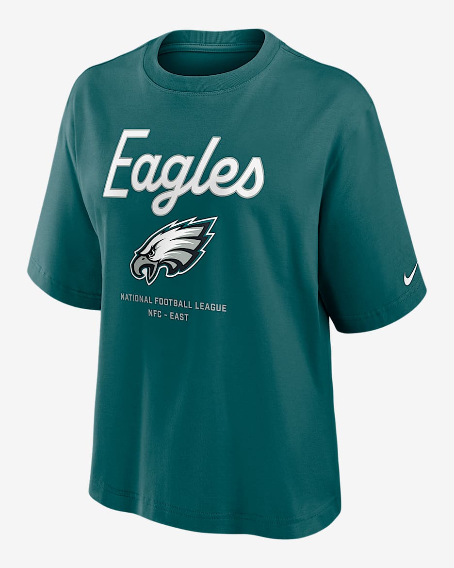 Playera Nike de la NFL para mujer Philadelphia Eagles Essential Script Boxy - Azul verdoso deportivo
