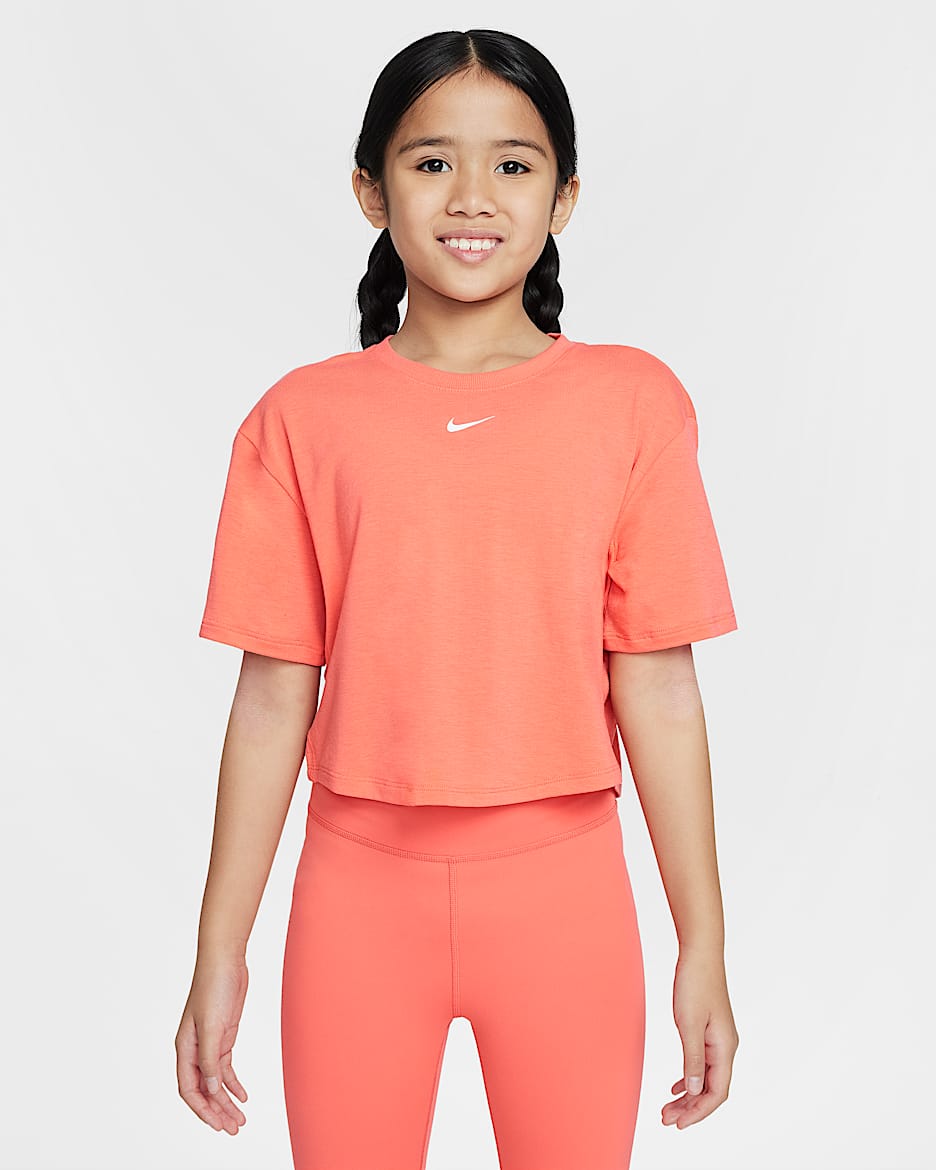 Nike One Relaxed Big Kids' (Girls') Dri-FIT Short-Sleeve Top - Magic Ember/White