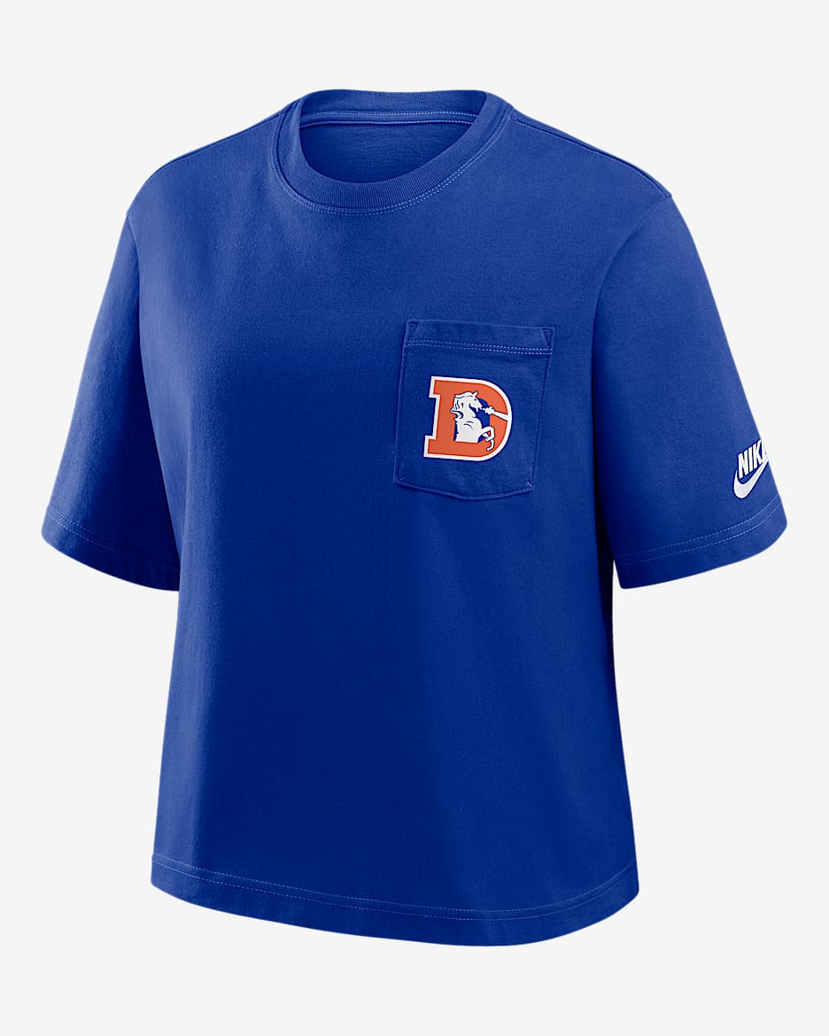 Playera Nike de la NFL para mujer Denver Broncos Rewind Pocket Boxy - Azul marino