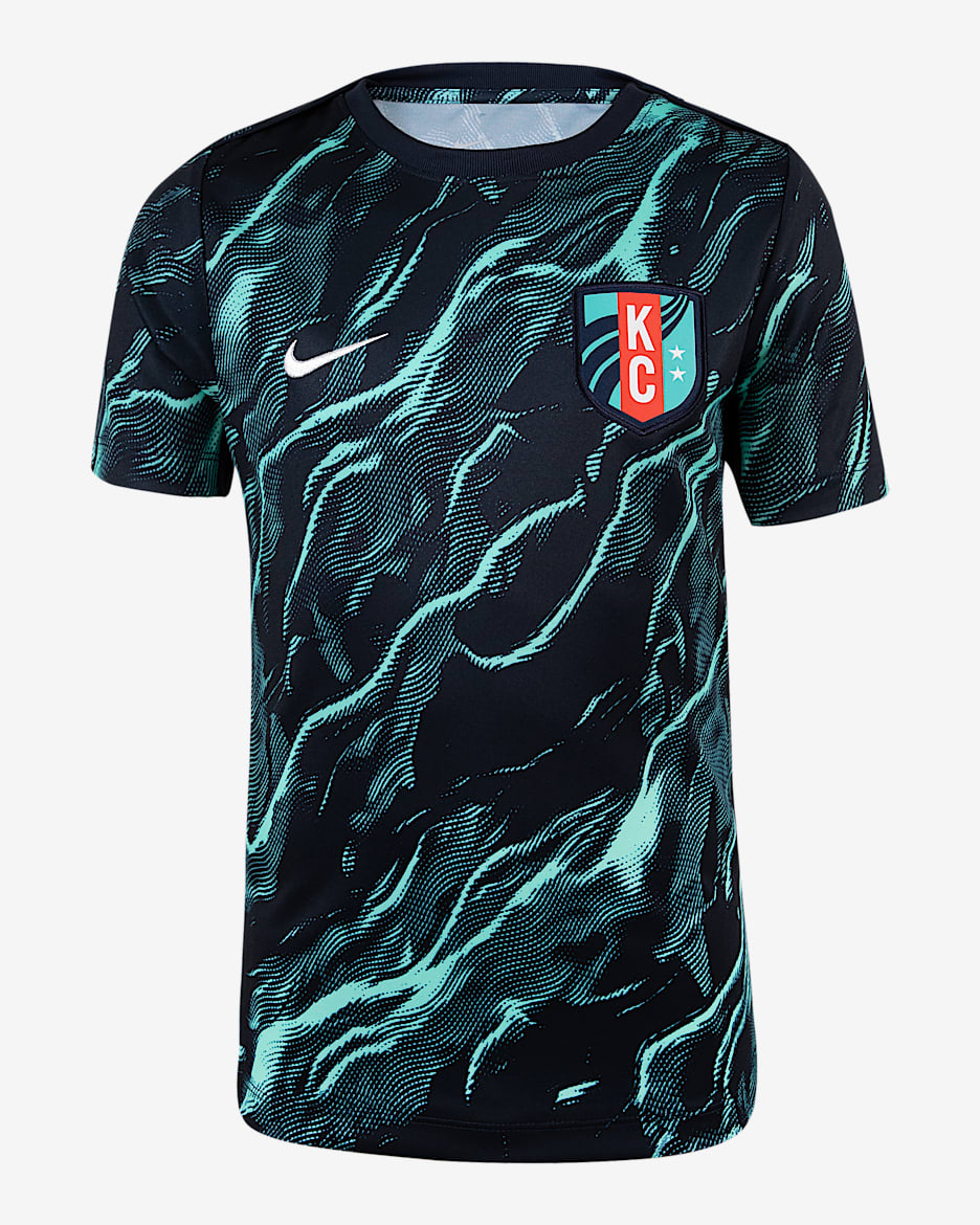 KC Current 2025 Big Kids' Nike NWSL Short-Sleeve Pre-Match Top - Hyper Turquoise/Dark Obsidian
