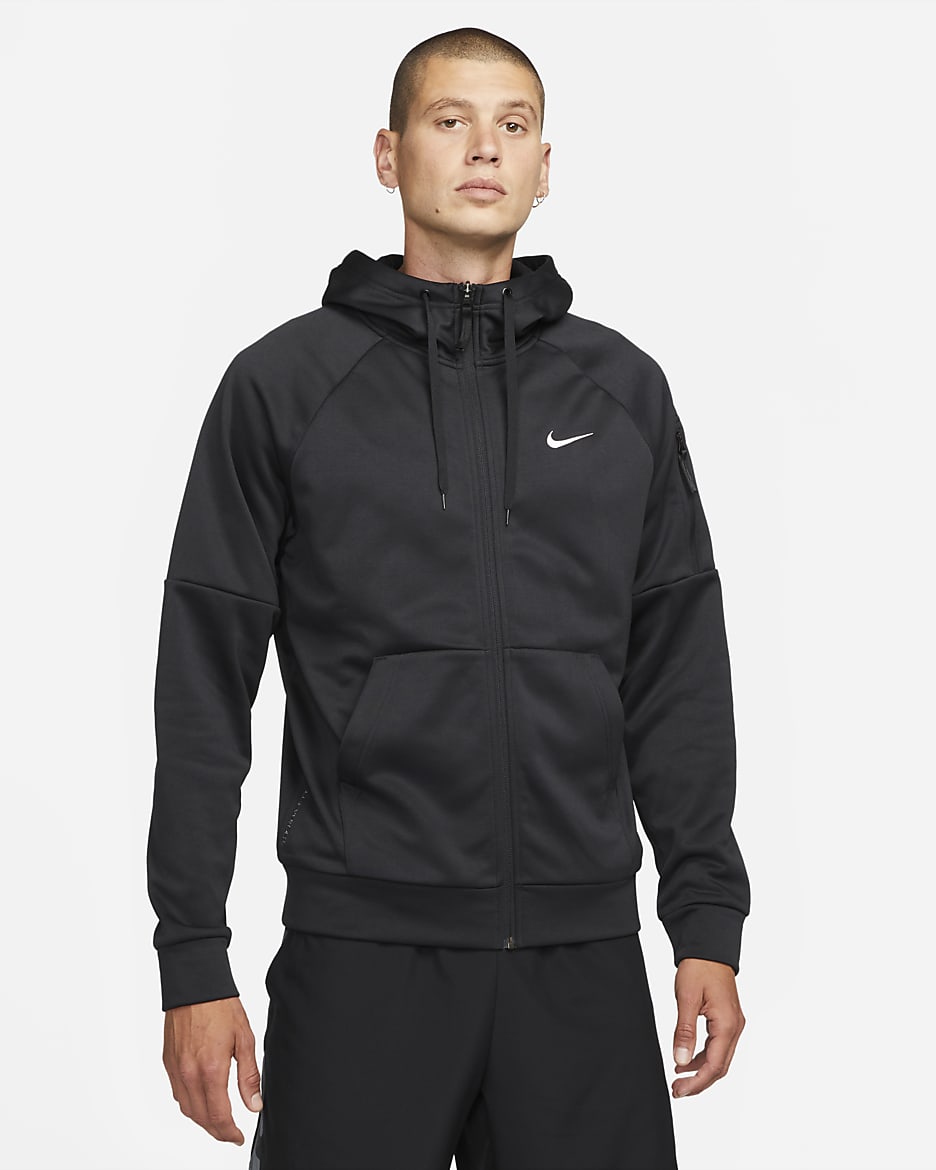 Nike Therma Therma-FIT Fitness-Oberteil mit durchgehendem Reißverschluss für Herren - Schwarz/Schwarz/Weiß