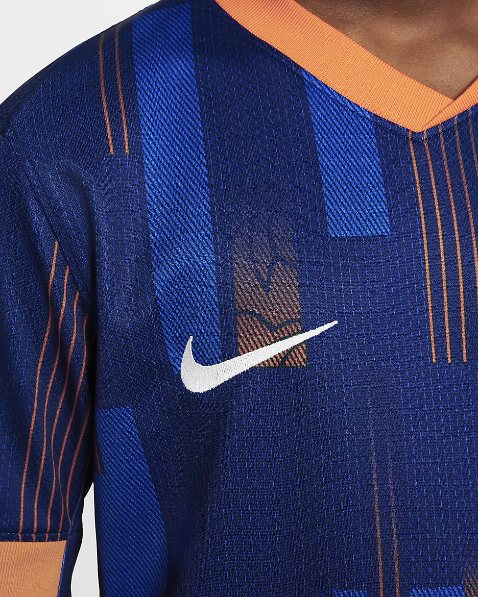 Holland 2024/25 Stadium Away Nike Dri-FIT Replica-fodboldtrøje til større børn (kvindehold) - Blue Void/Safety Orange/Copa/hvid