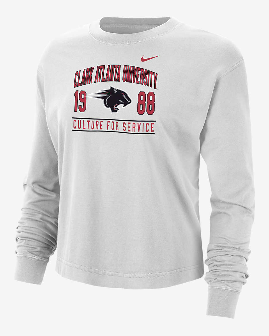 Playera de manga larga universitaria Nike de corte cuadrado para mujer Clark Atlanta - Polvo fotón