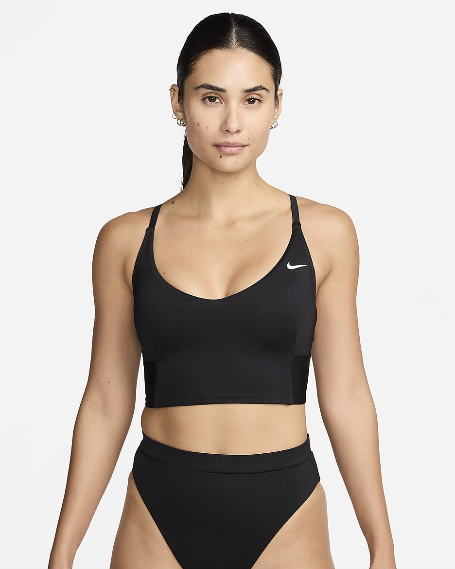 Top de midkini con cuello en V para mujer Nike Swim - Negro