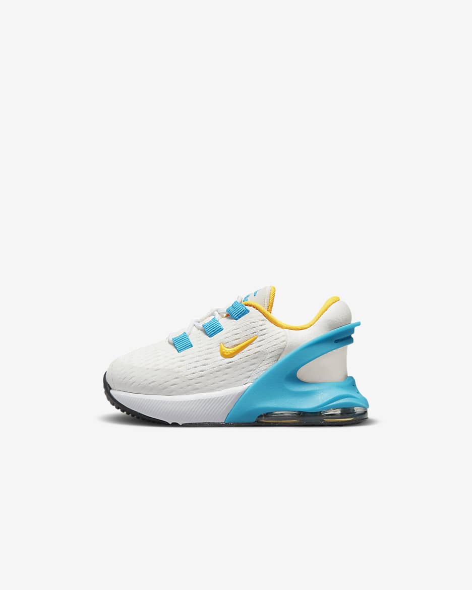 Tenis fáciles de poner y quitar para bebé e infantil Nike Air Max 270 GO - Blanco cumbre/Azul relámpago/Polvo fotón/Naranja láser