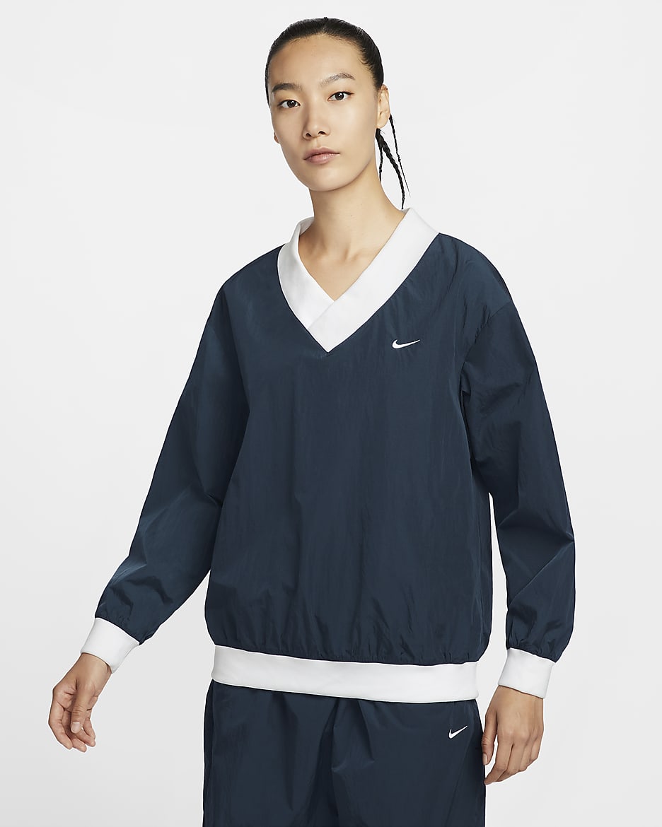 Nike Sportswear Essential Women's Loose UV Woven Long-Sleeve V-Neck Top - Armoury Navy/White