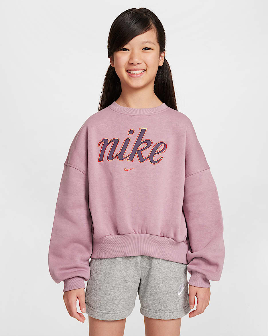 Nike Sportswear Club Fleece Girls' Boxy Crew-Neck Sweatshirt - Plum Dust/Light Wild Mango