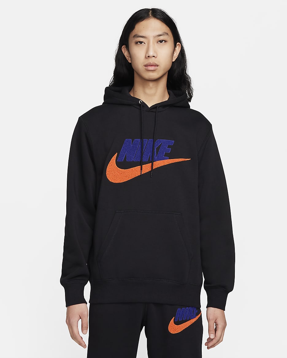 เสื้อมีฮู้ดผู้ชายแบบสวม Nike Club Fleece - ดำ/ดำ/Safety Orange