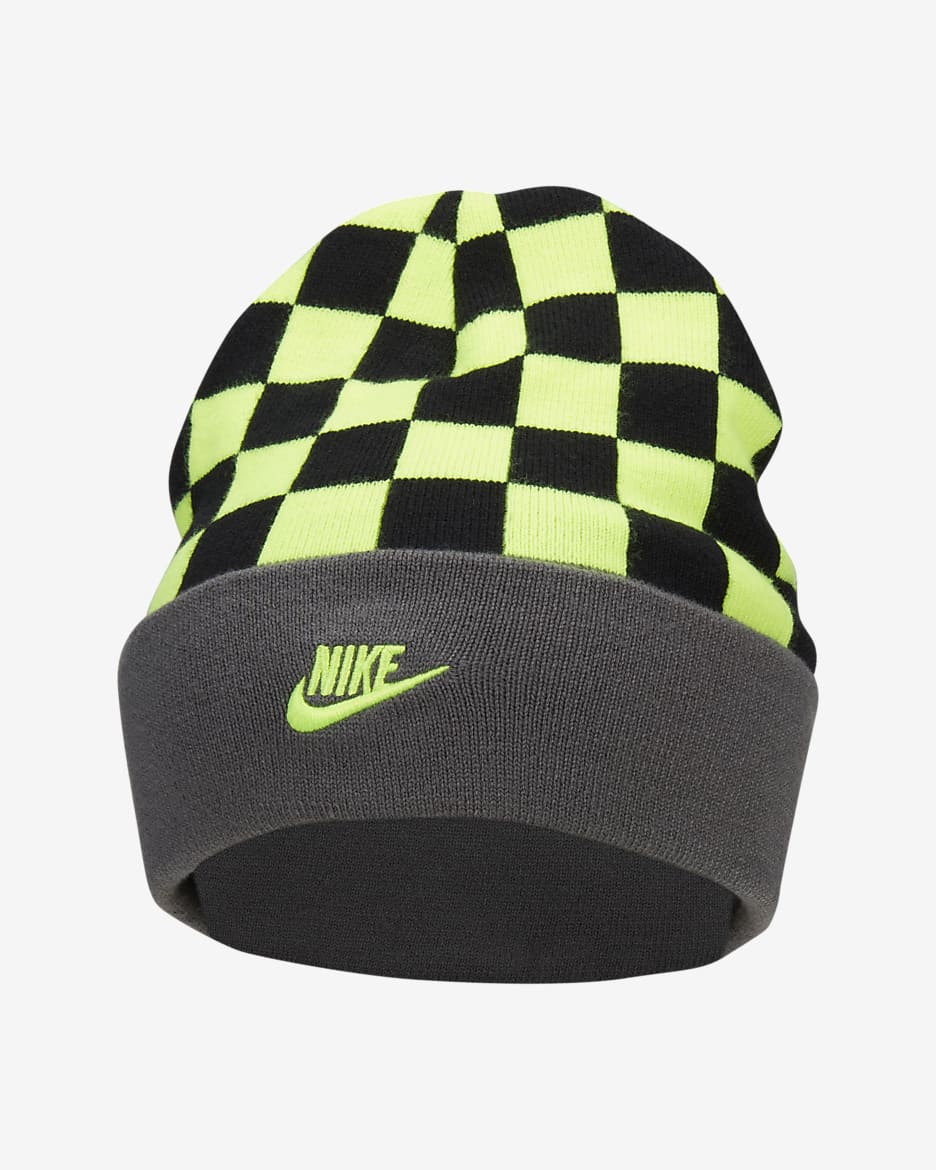 Oboustranná dětská čepice Nike Peak se smajlíkem a vysokou manžetou - Iron Grey/Volt/Volt