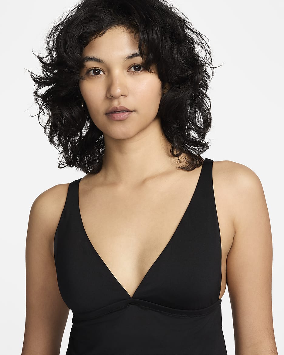 Top de tankini con cuello en V para mujer Nike Swim Essential - Negro