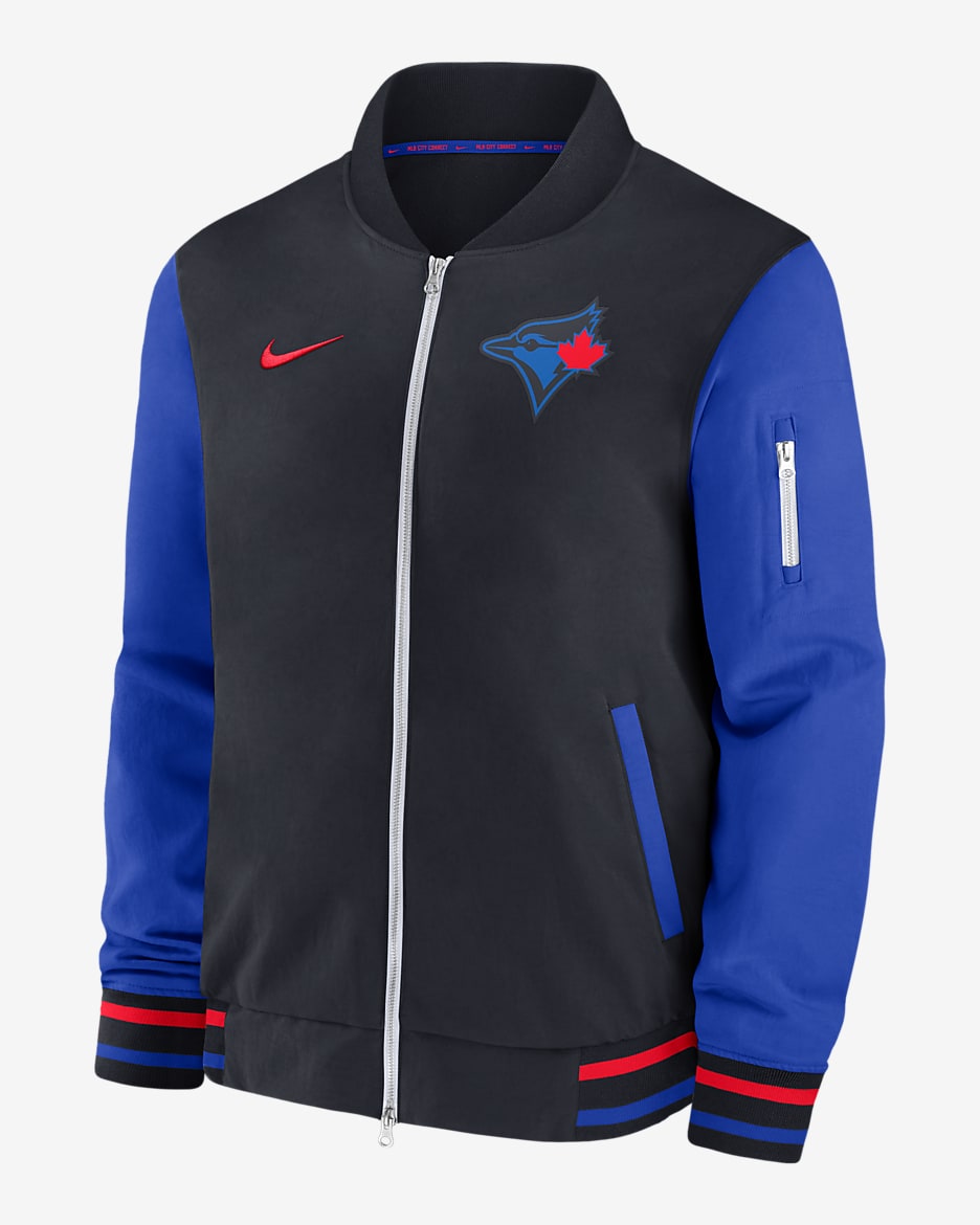 Chamarra bomber Nike de la MLB de cierre completo para hombre Toronto Blue Jays Authentic Collection City Connect Game Time - Azul marino