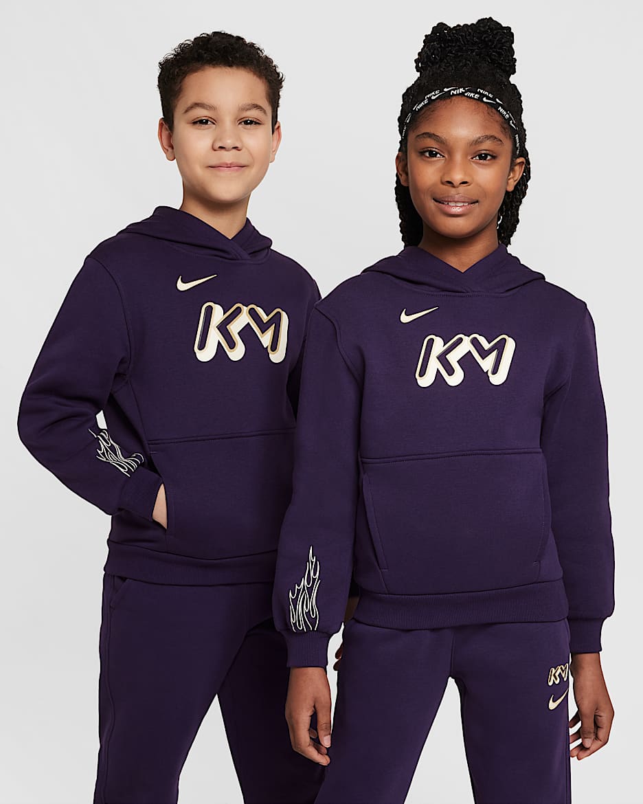 Sudadera con gorro de fútbol para niños talla grande Kylian Mbappé Club Fleece - Morado grandioso/Marfil pálido/Oro metalizado