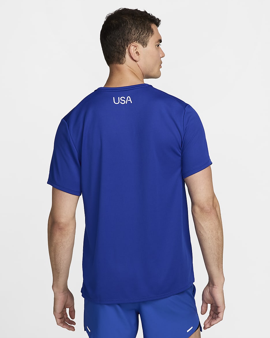 Playera de correr de manga corta Nike Dri-FIT para hombre USA Miler - Azul eléctrico/Blanco