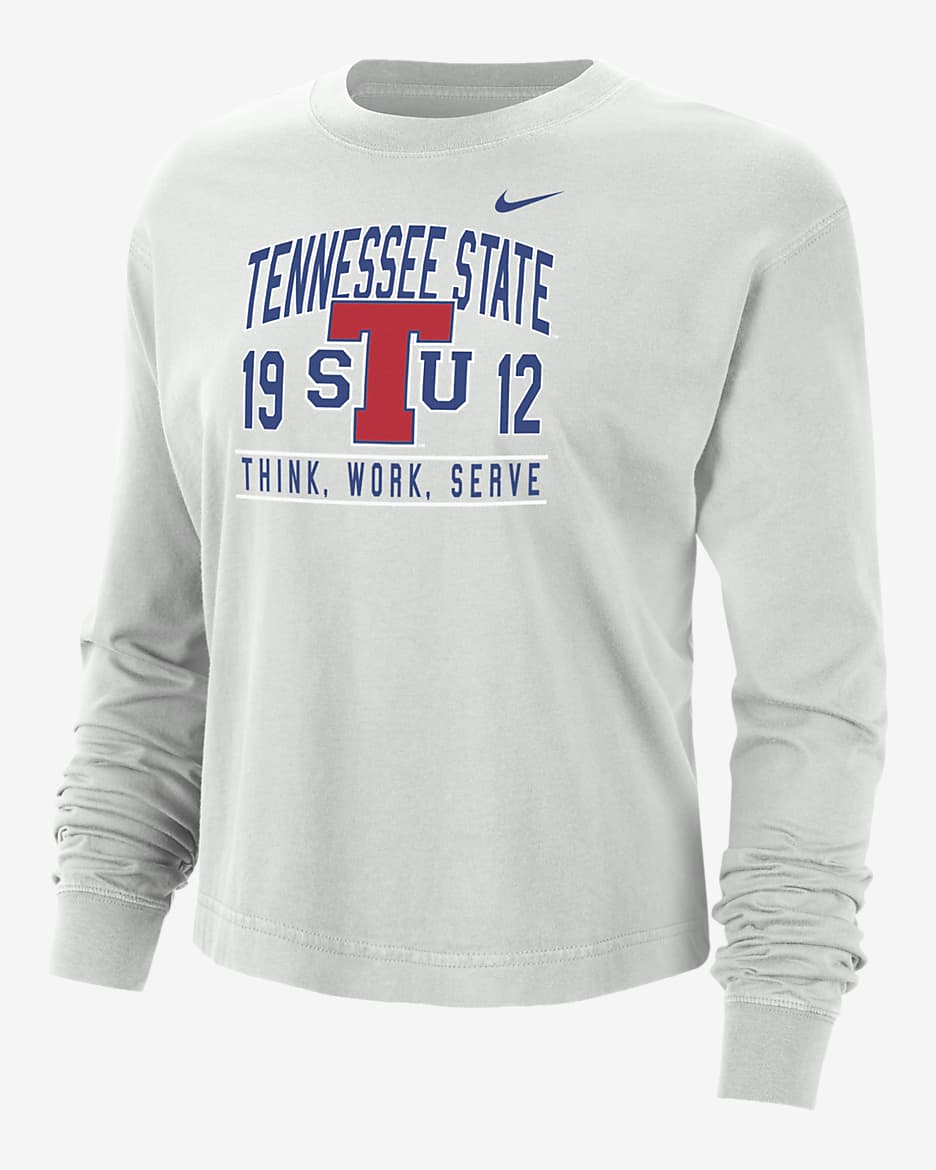 Playera de manga larga universitaria Nike de corte cuadrado para mujer Tennessee State - Polvo fotón