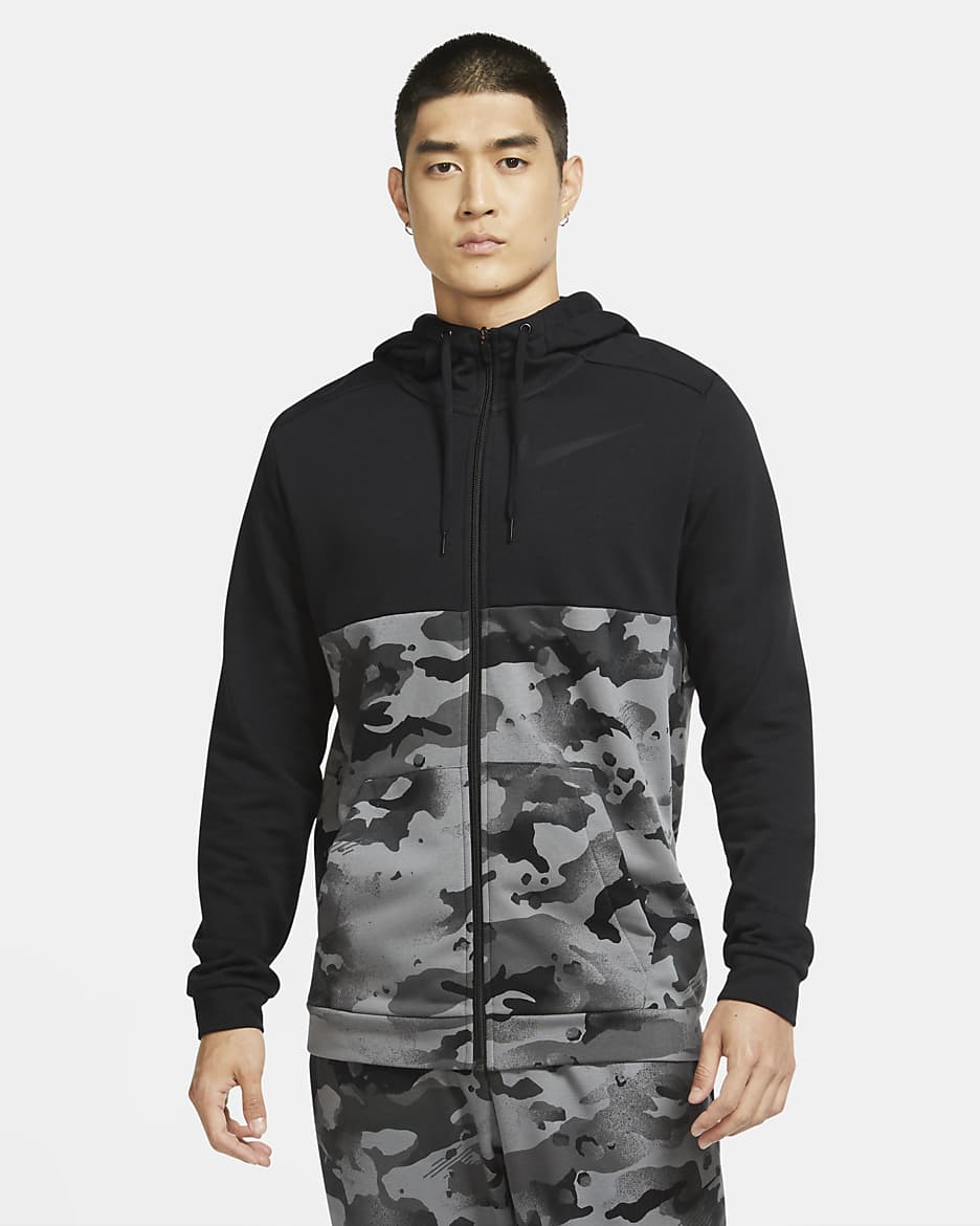 Felpa da training camo con cappuccio e zip a tutta lunghezza Nike Dri-FIT - Uomo - Nero/Iron Grey/Grey Fog
