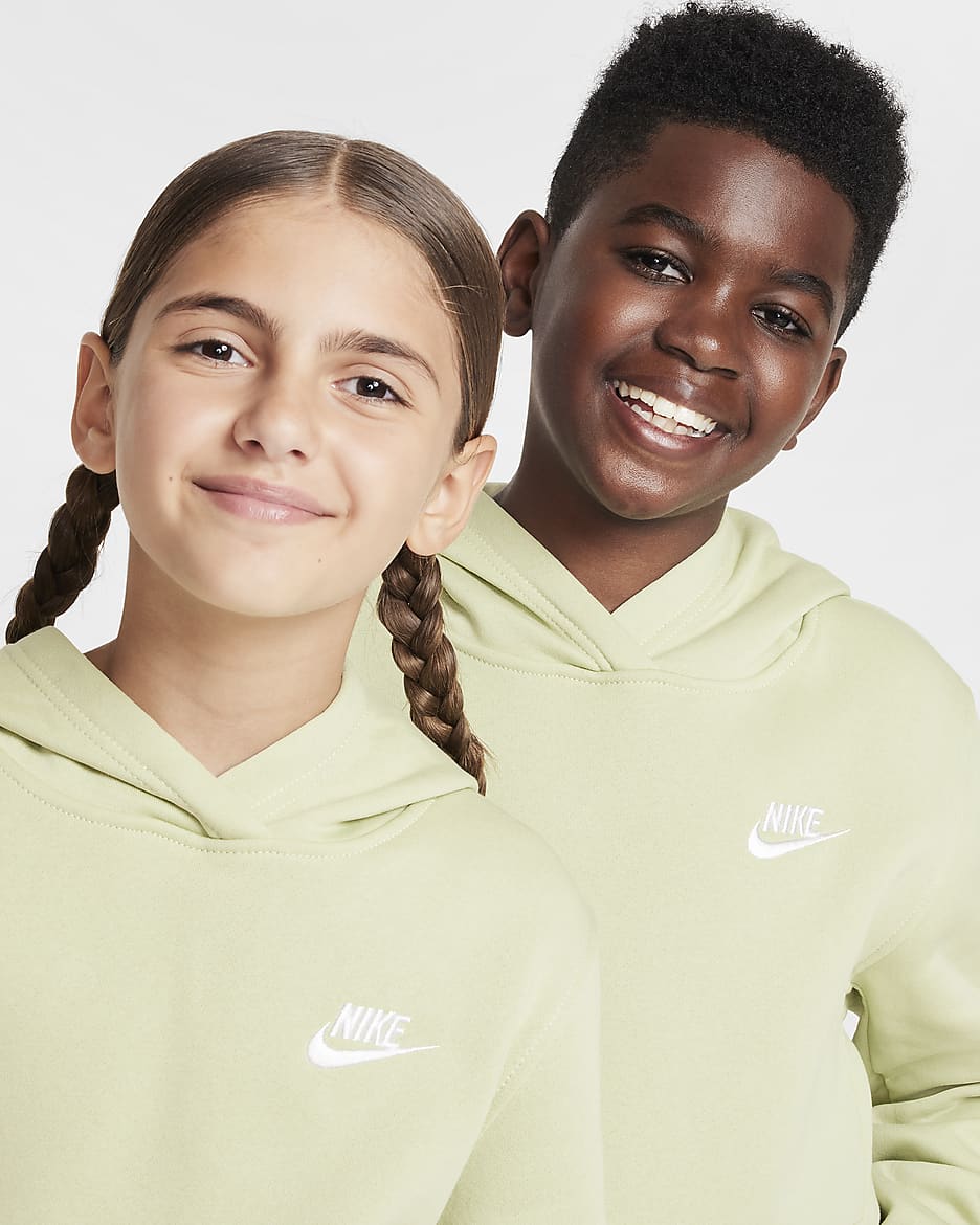 Nike Sportswear Club Fleece Older Kids' Pullover Hoodie - Olive Aura/White