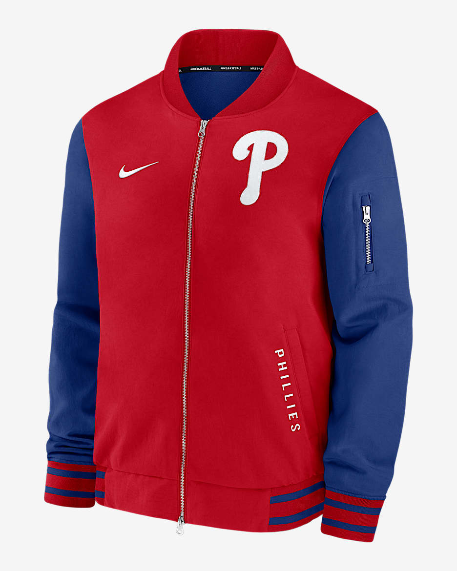 Chamarra bomber Nike de la MLB de cierre completo para hombre Philadelphia Phillies Authentic Collection Dugout - Rojo deportivo