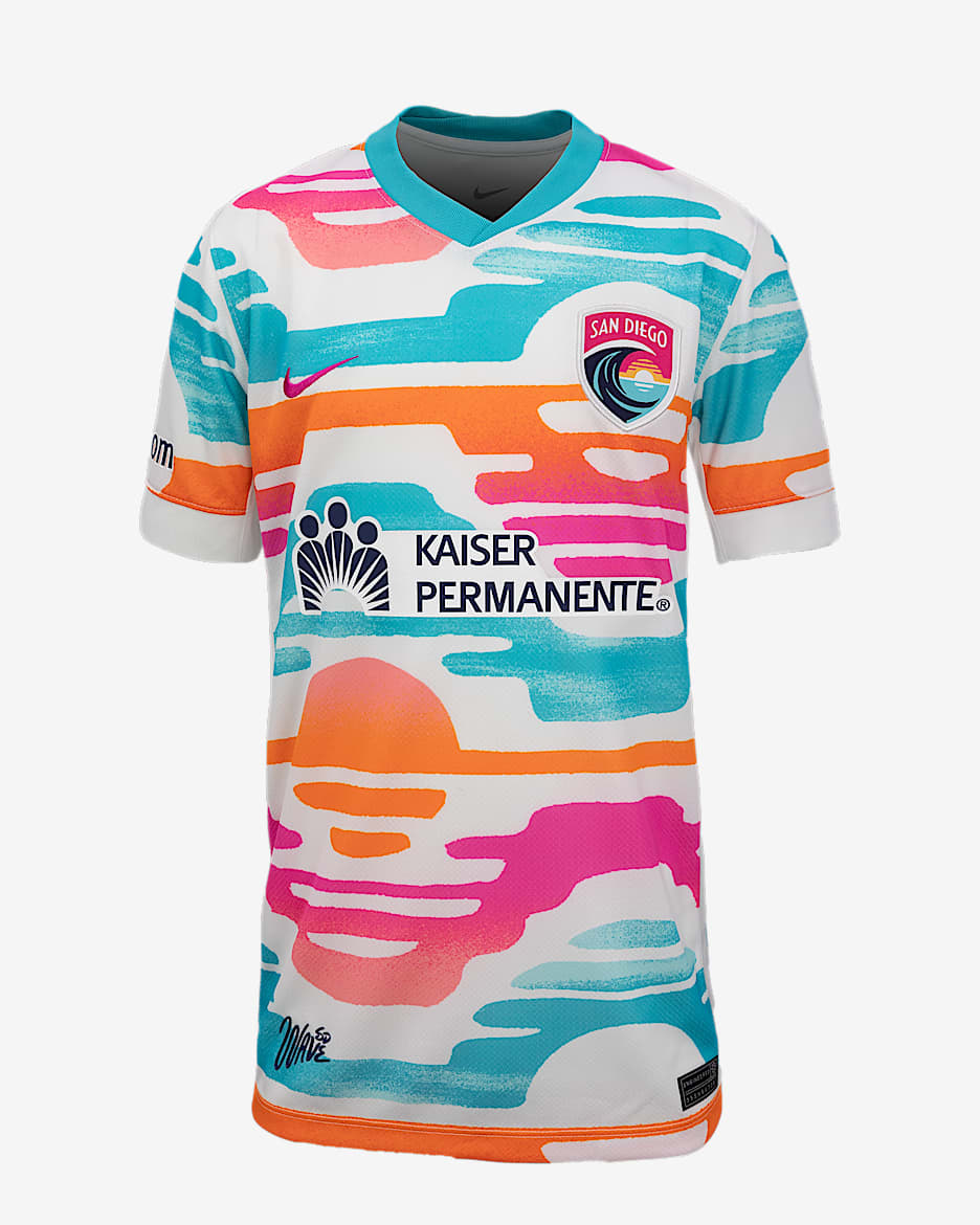 Jersey Nike Dri-FIT de la NWSL Replica para niños talla grande San Diego Wave FC 2025 Stadium Home - Blanco/Azul turquesa