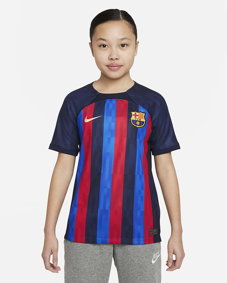 F.C. Barcelona 2022/23 Stadium Home Older Kids' Nike Dri-FIT Football Shirt - Obsidian/Sesame