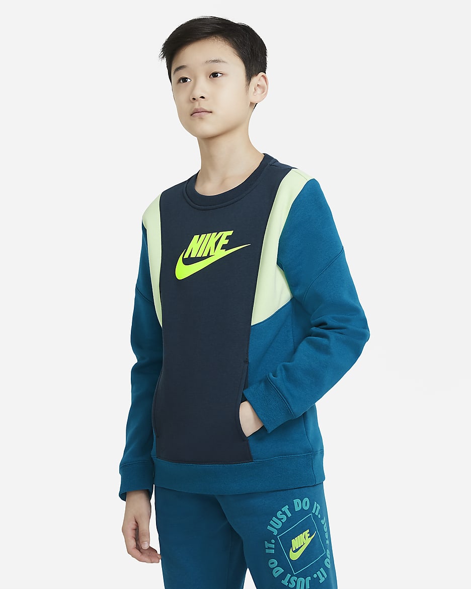 Nike Sportswear Big Kids' (Boys') Fleece Crew - Deep Ocean/Green Abyss/Light Liquid Lime/Volt