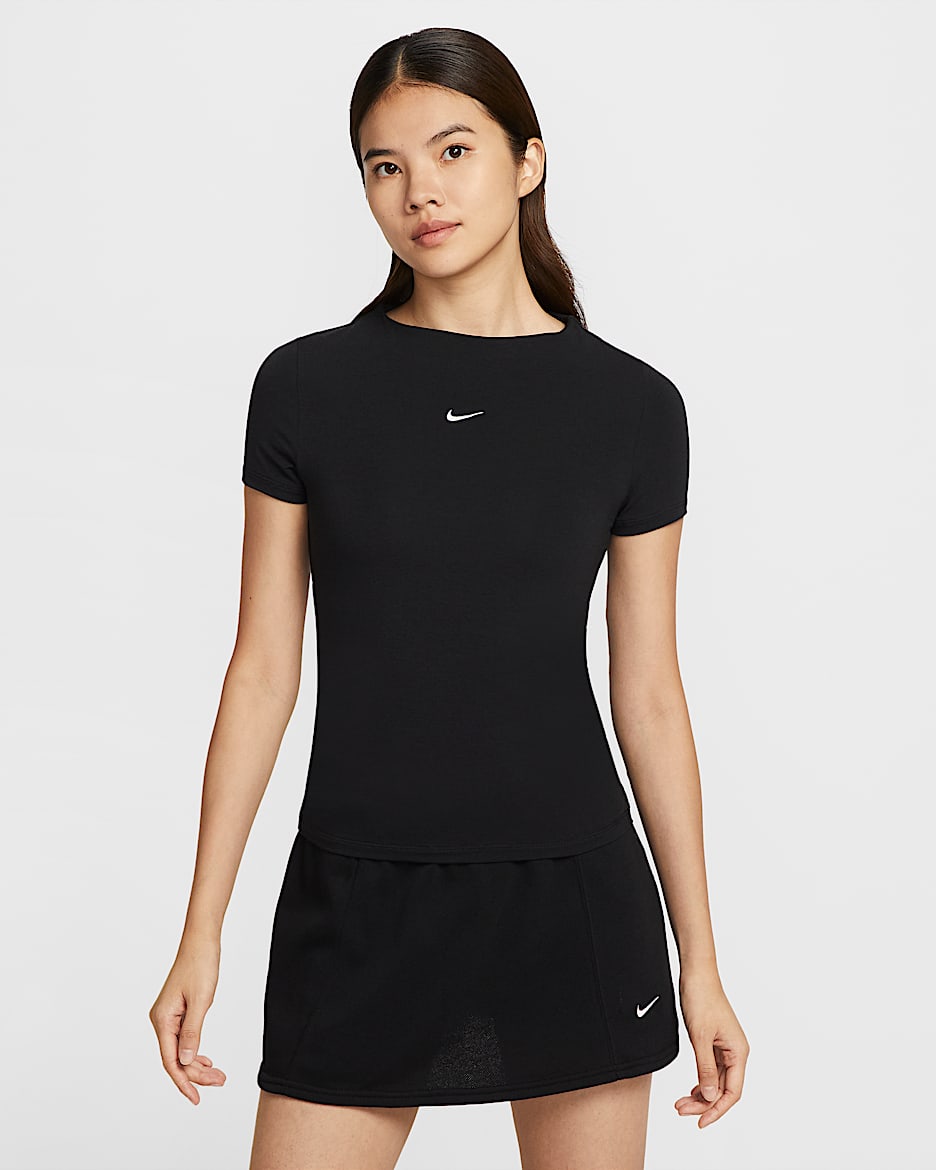 Nike Sportswear Chill Knit 女款緊身小高領短袖上衣 - 黑色/Sail