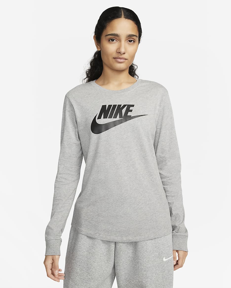 Playera de maga larga con logotipo para mujer Nike Sportswear Essentials - Gris oscuro jaspeado/Negro