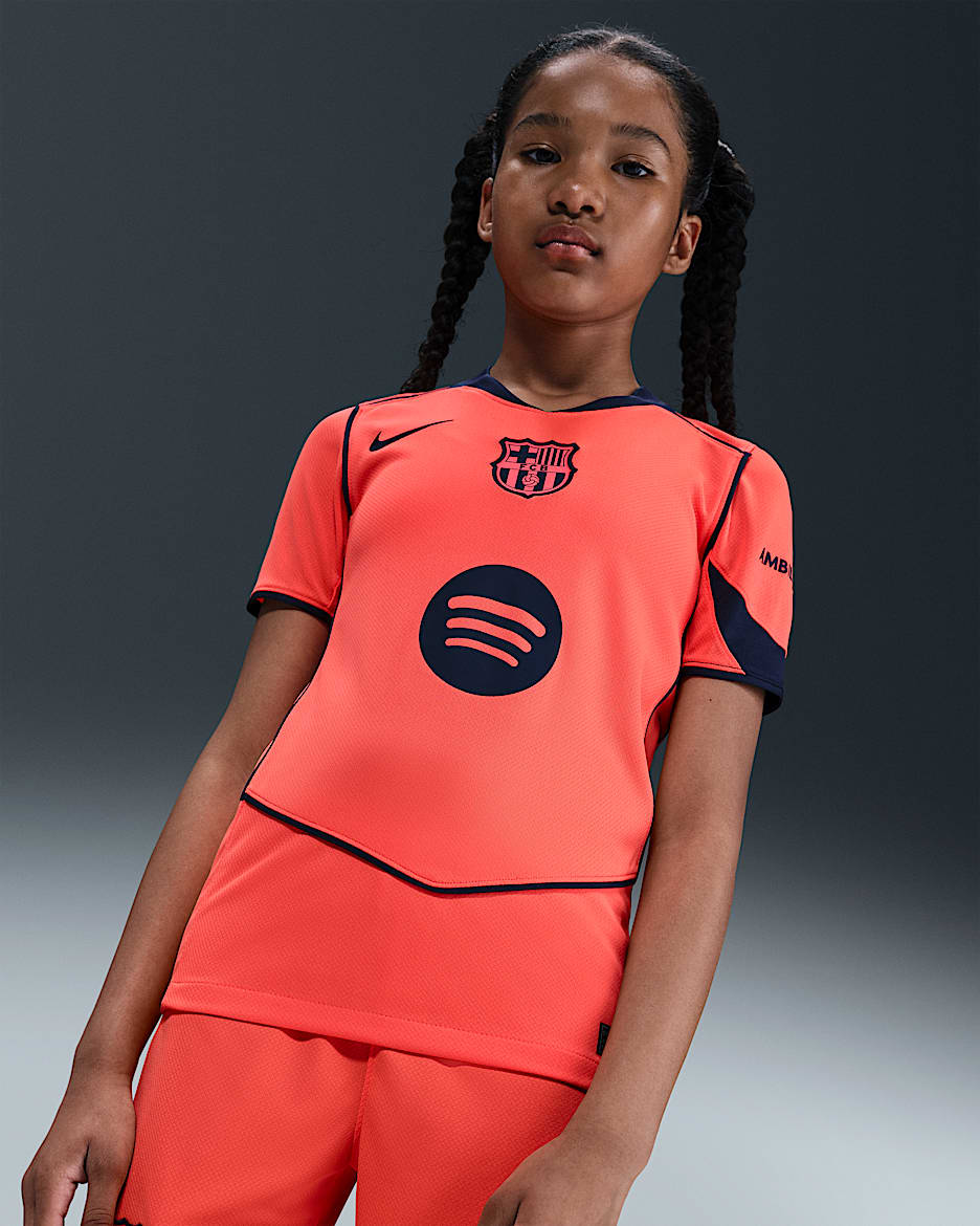 F.C. Barcelona 2025/26 Stadium Third Older Kids' Nike Dri-FIT Total 90 Football Replica Shirt - Bright Mango/Midnight Navy/Midnight Navy