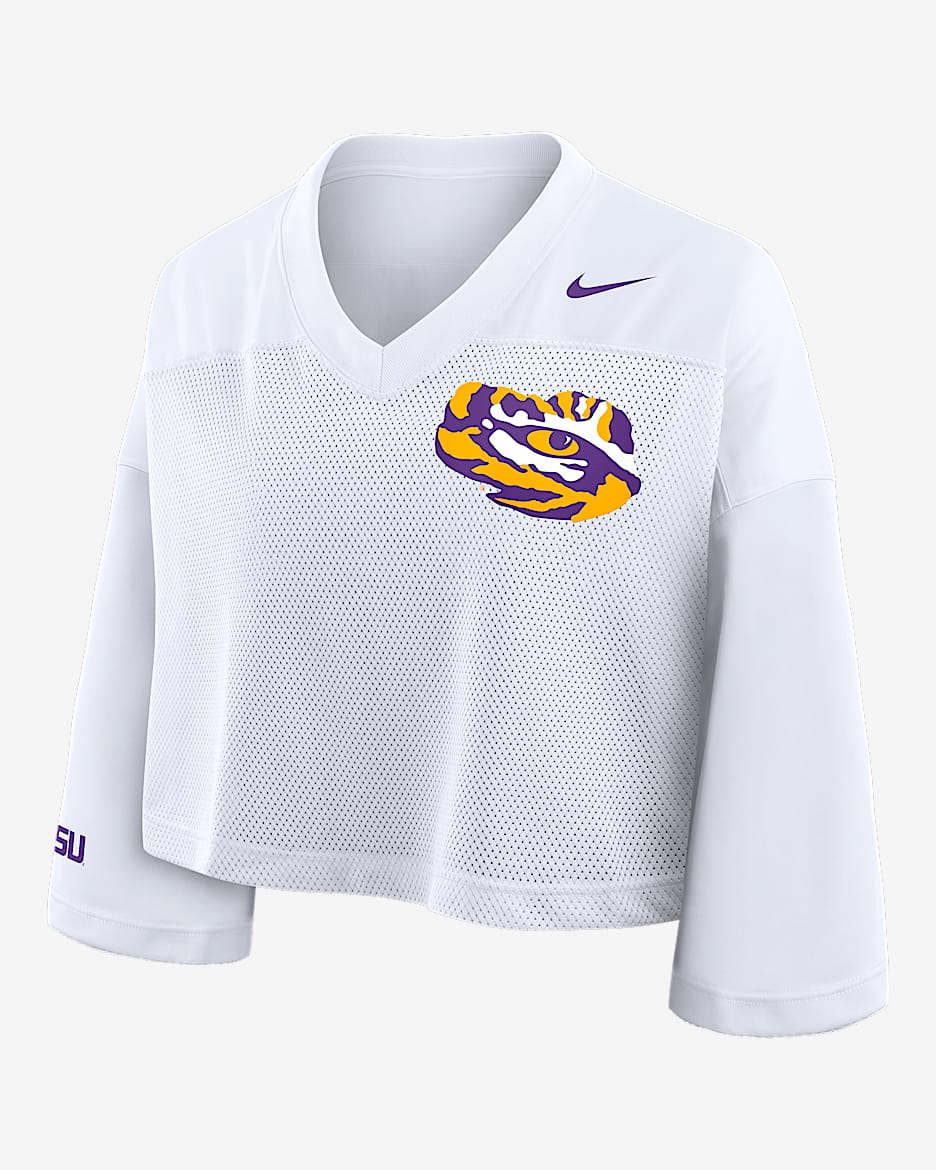 Playera universitaria Nike Dri-FIT cropped para mujer LSU Jersey - Blanco