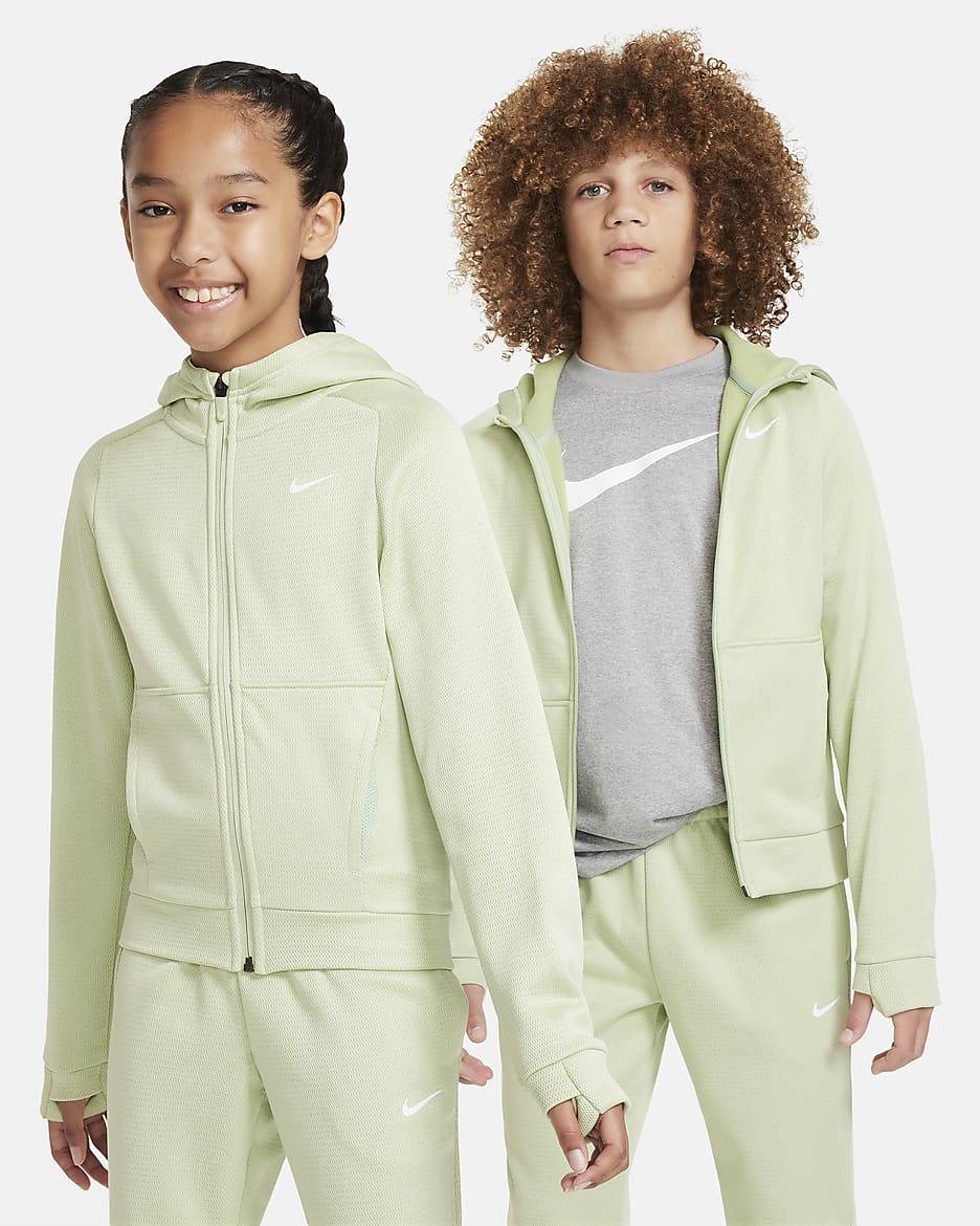 Nike Therma-FIT Big Kids' Full-Zip Hoodie - Honeydew/White