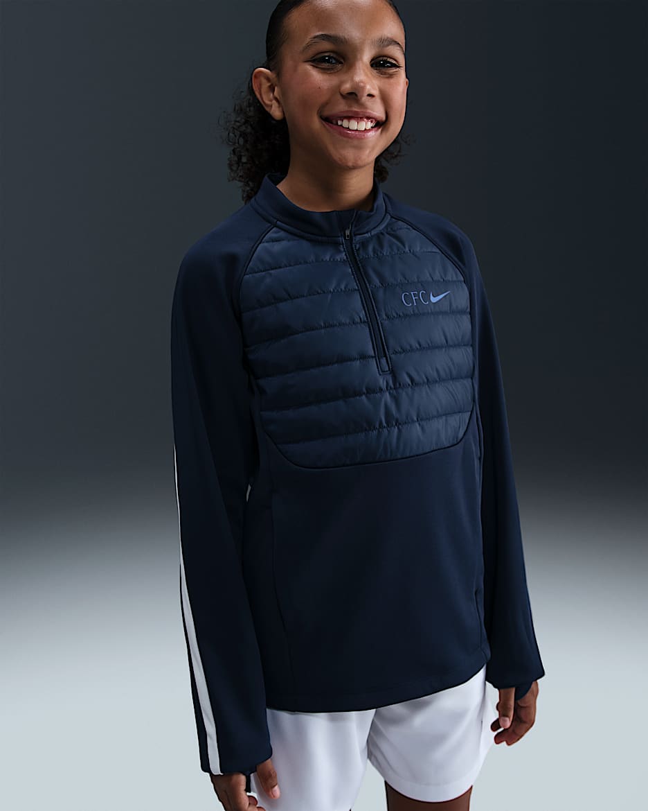 Chelsea F.C. Academy Winter Warrior Older Kids' Nike Therma-FIT Football Drill Top - Obsidian/Phantom/Rush Blue