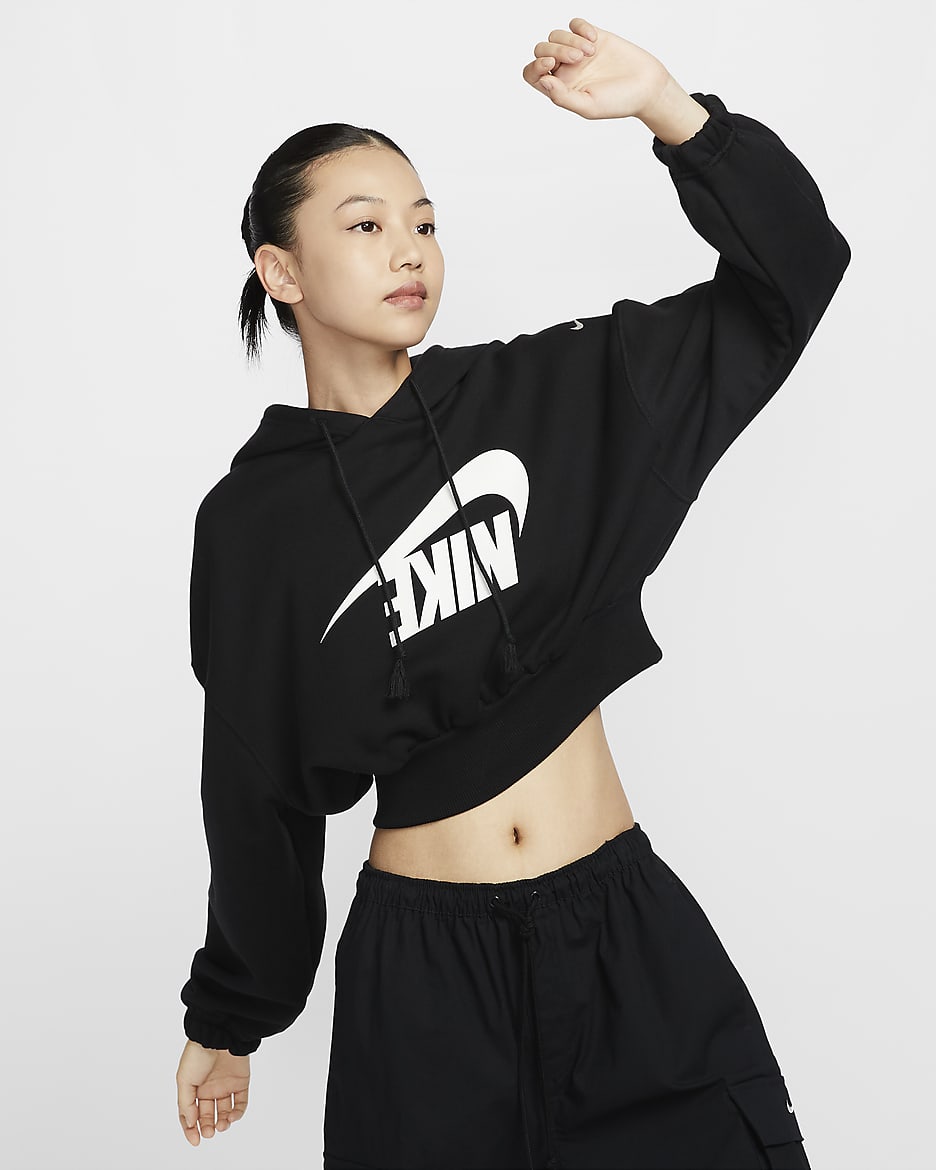 Nike Sportswear 女款寬短版毛圈布套頭連帽上衣 - 黑色/Sail